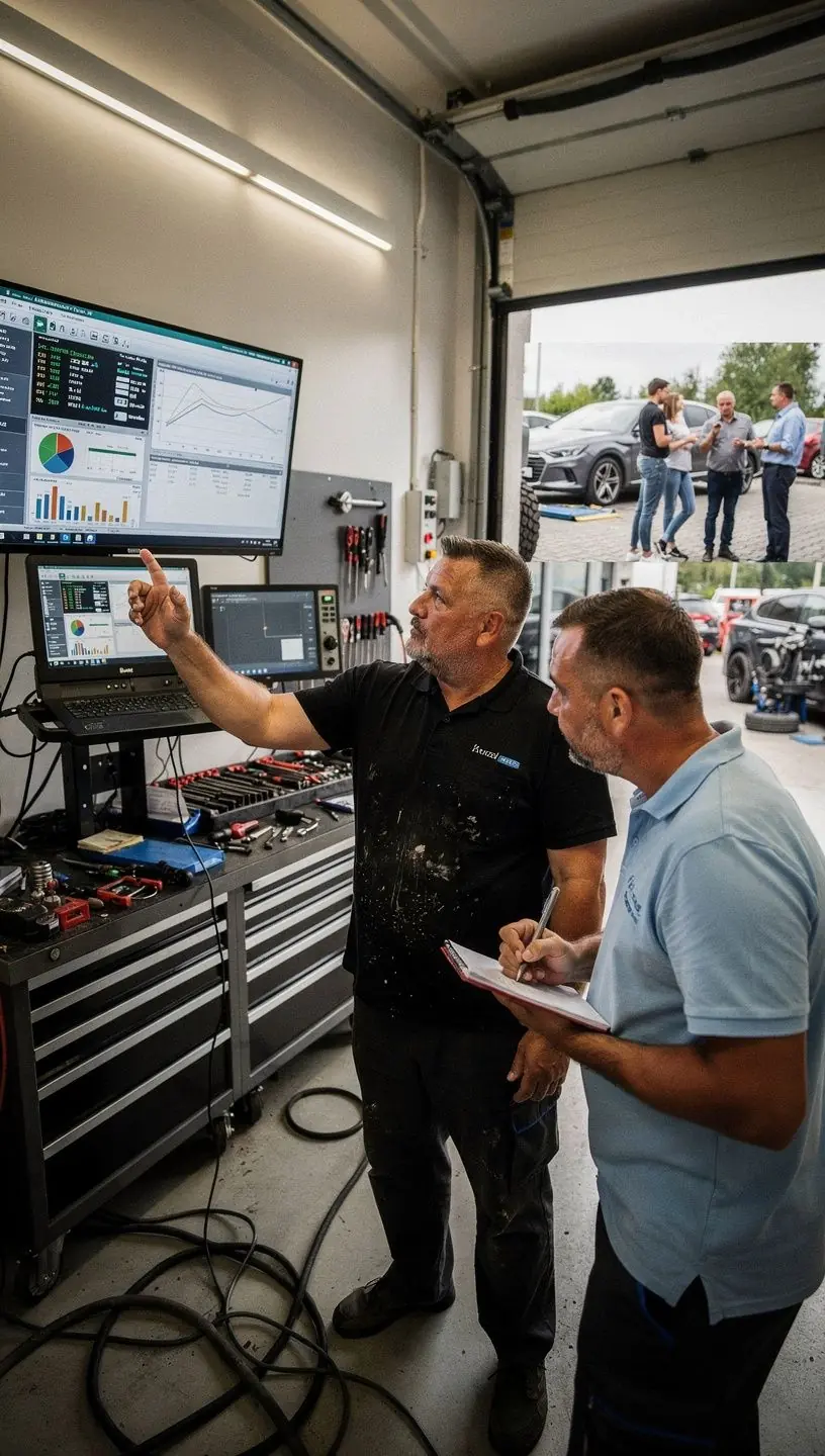 Detailný záber na diagnostický prístroj pripojený k palubnej doske automobilu.